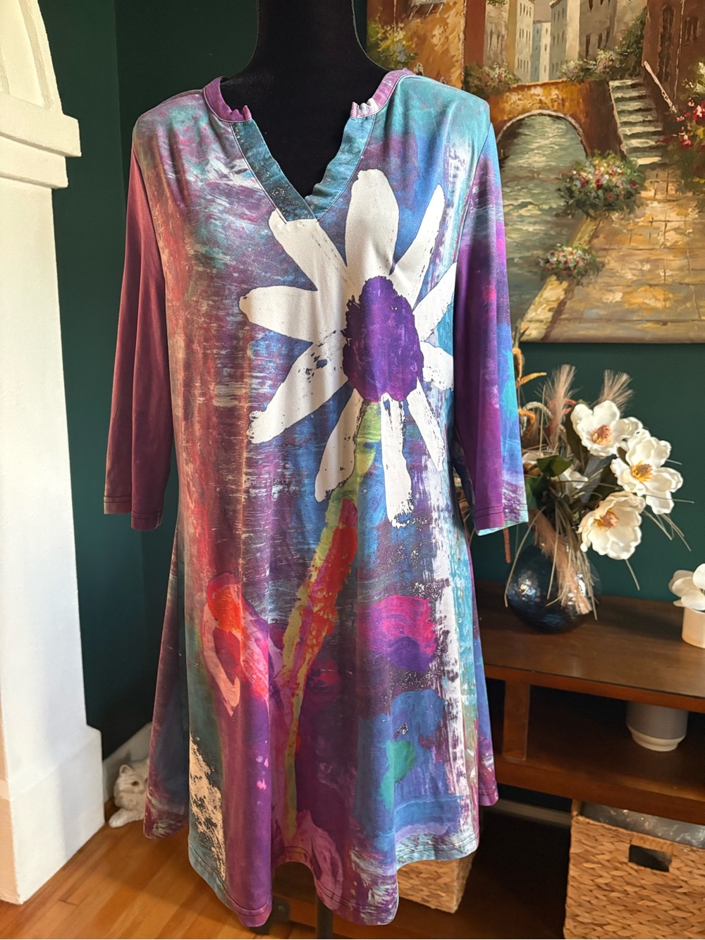 Floral V-Neck Midi Dress in Multicolor Purple